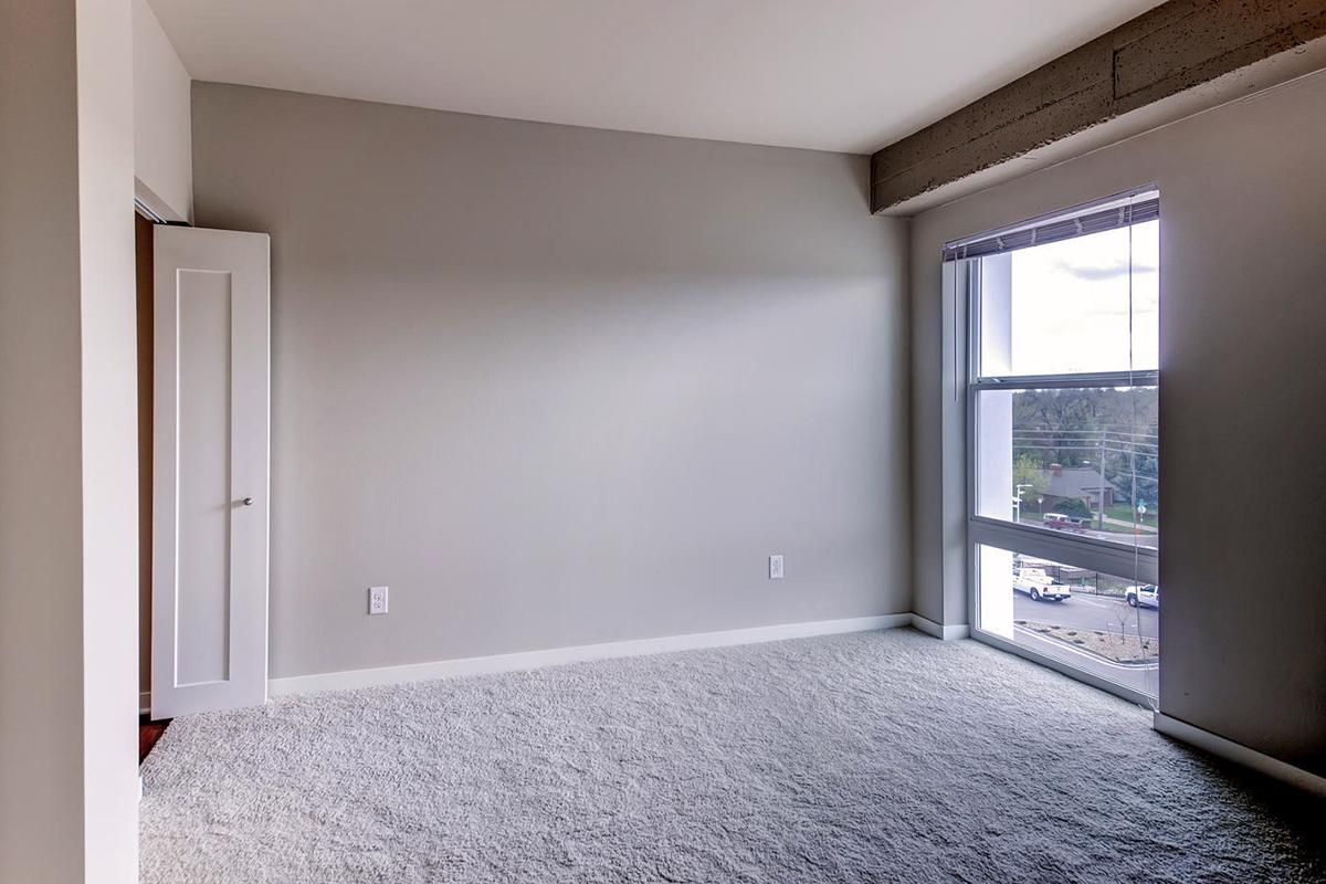 Empty room with light gray walls, large window, white door, and gray carpet.