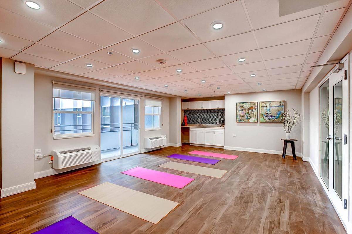 Yoga studio with mats on wood floor, windows, and white ceiling.