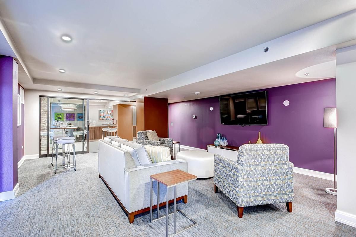 Modern lounge with gray carpet, purple accent walls, white furniture, and a TV.