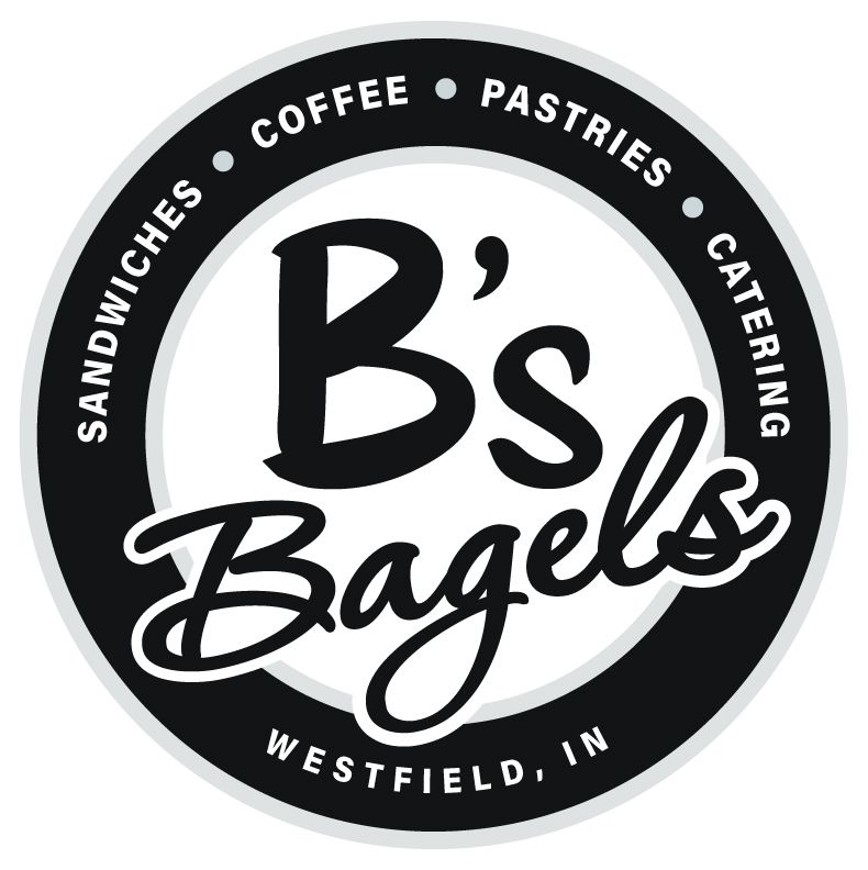 Circular logo for B's Bagels in Westfield, IN, featuring white text on a black background listing menu items.