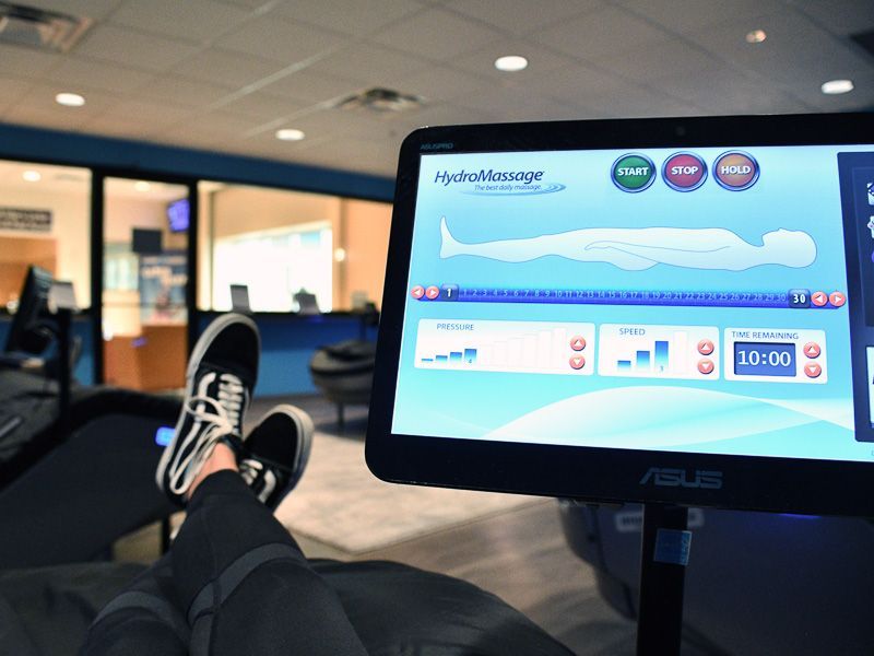 Member facing screen on the hydromassage chairs in the HAC recovery Realm