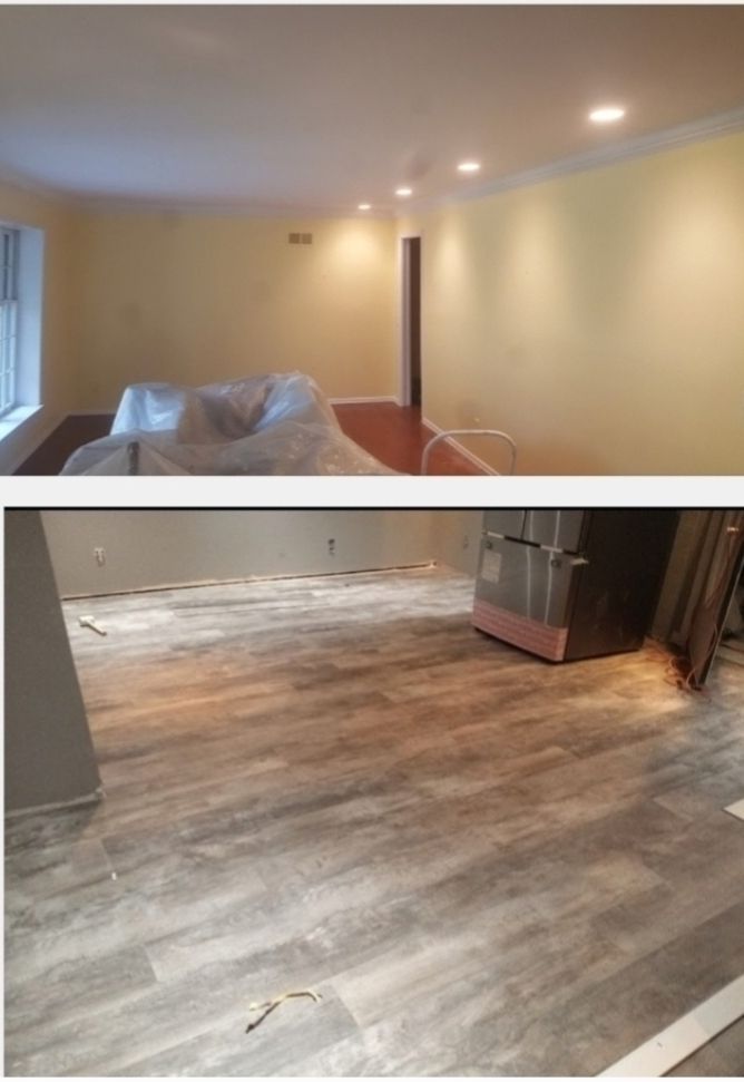 A before and after photo of a room with a wooden floor.