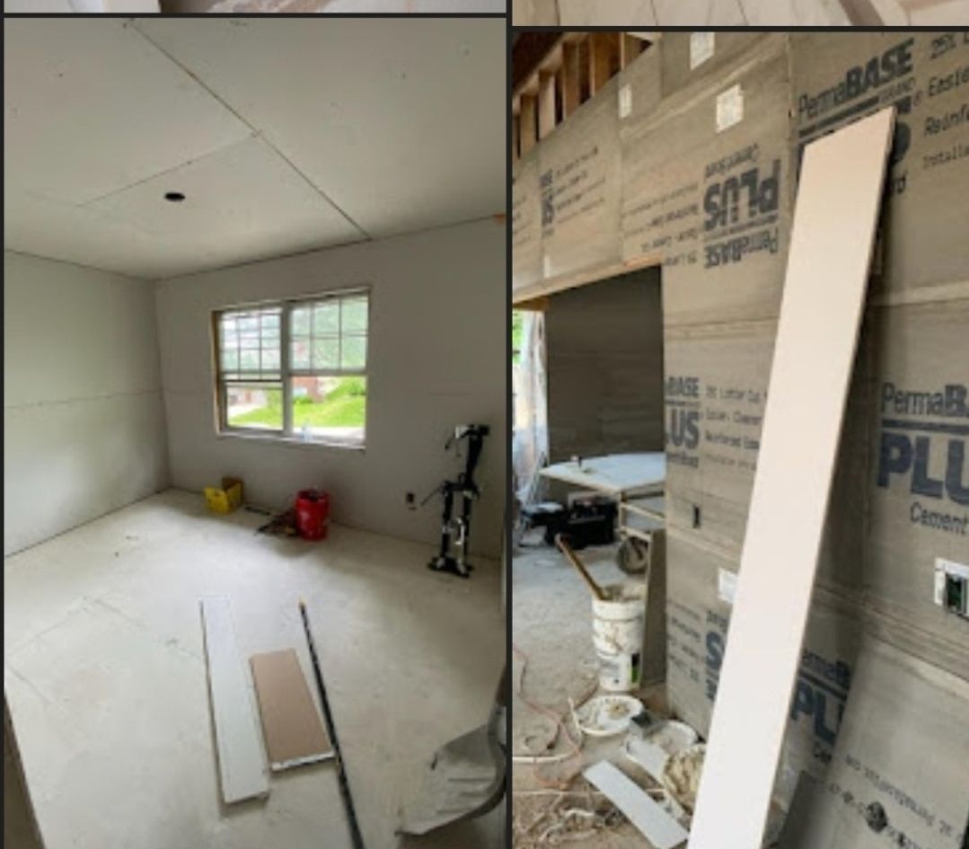 Two pictures of a room being remodeled with the word plus on the wall