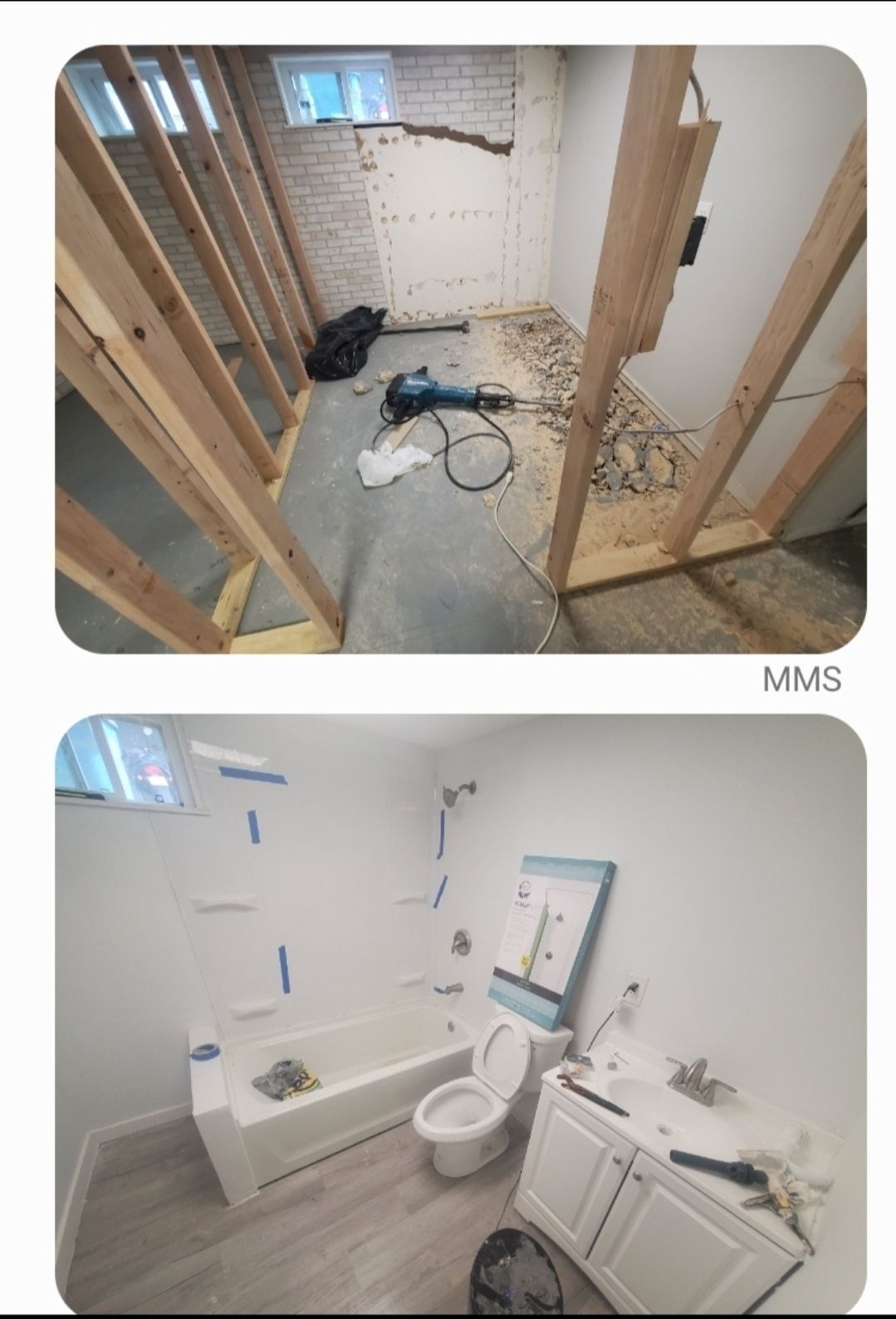 A before and after picture of a bathroom under construction.