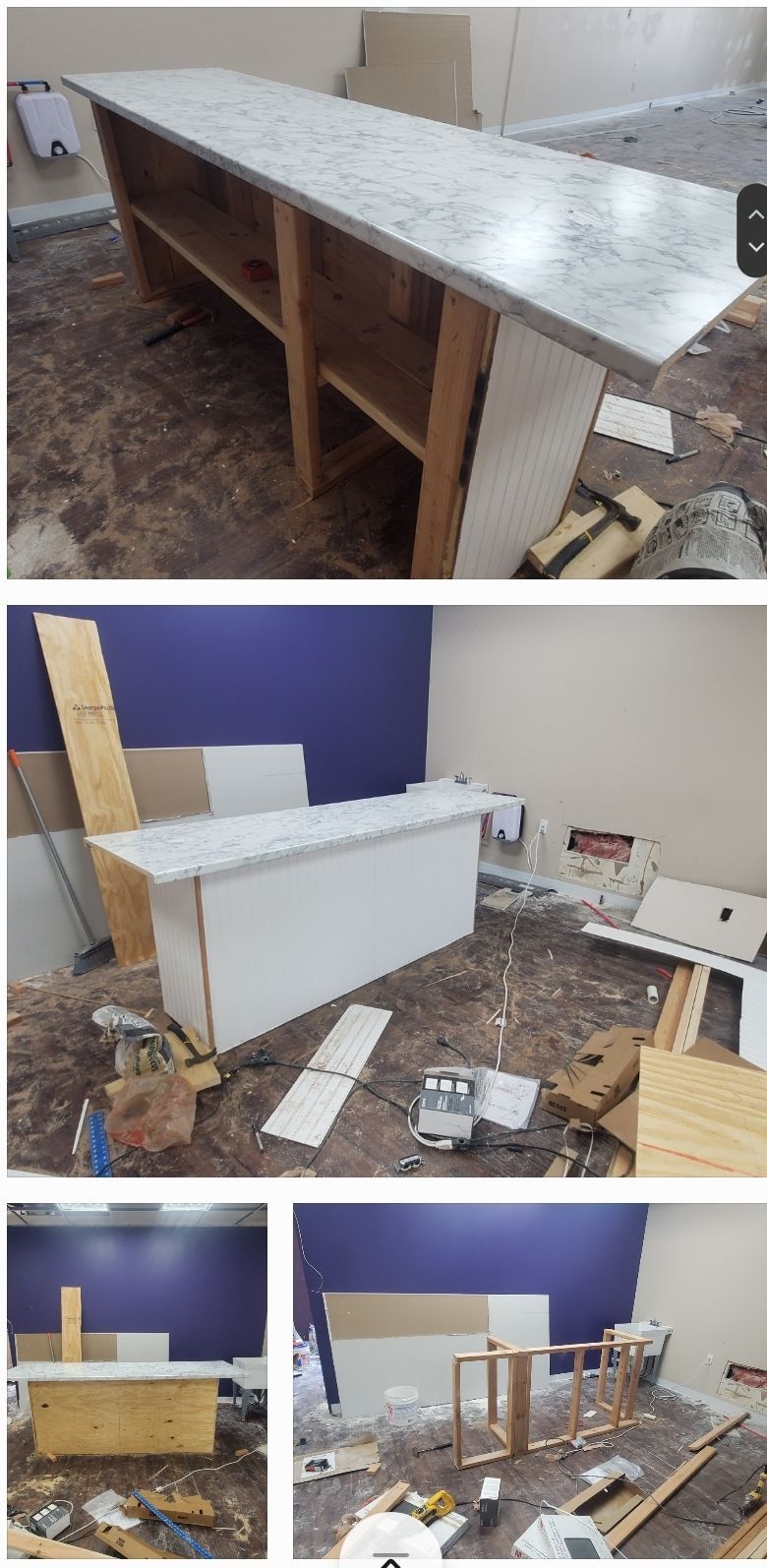 A collage of photos showing a counter being built in a room.