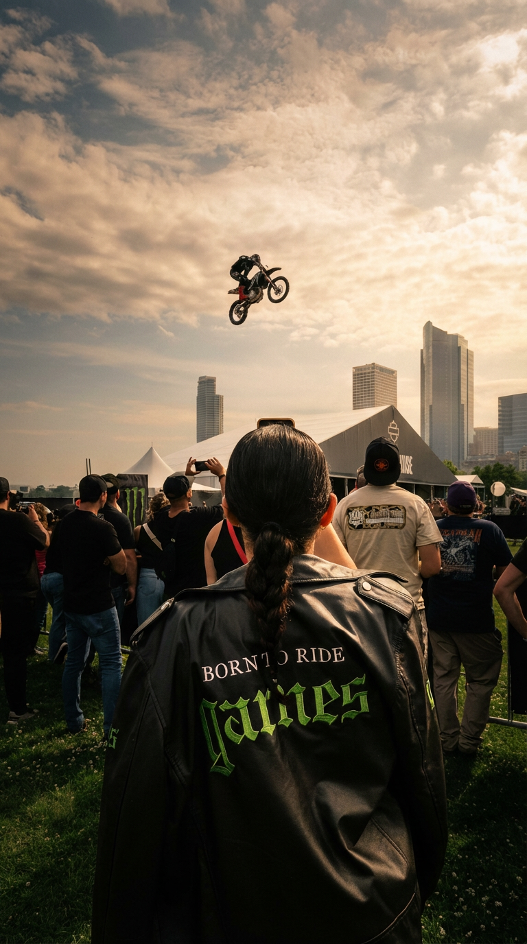 Motorcyclist in mid-air above a crowd, tall buildings in background, person in leather jacket with logo looking on.