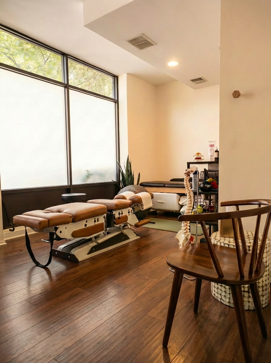 Chiropractic office interior with adjustable table, hardwood floor, large window, and wooden chair.