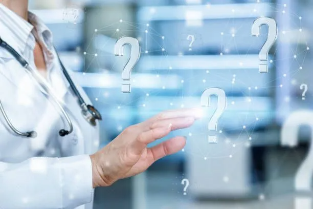 Doctor with stethoscope touches glowing question marks, healthcare setting.