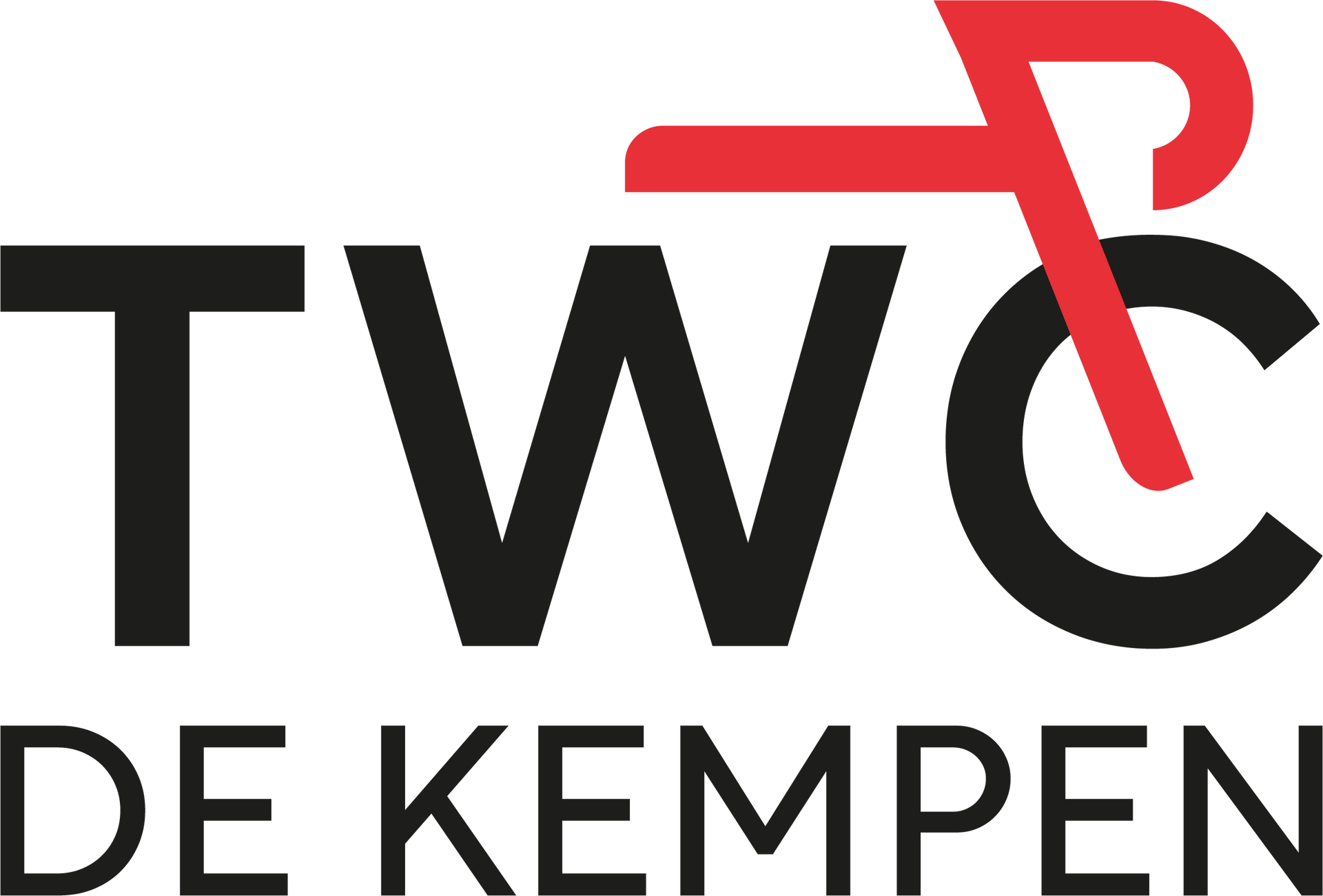 Logo van TWC De Kempen, zwarte tekst met een rode fietssilhouet, 