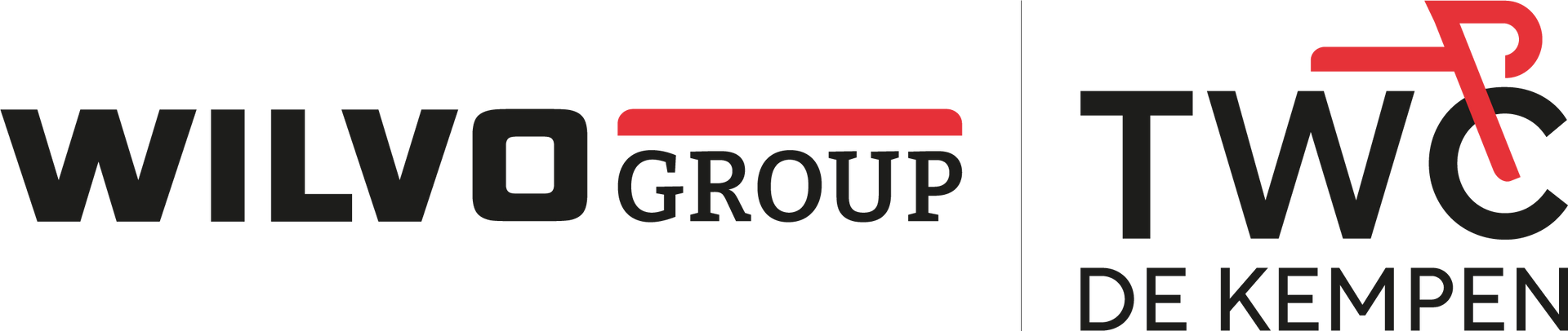 Logo's: WILVO GROUP, zwarte tekst, rode lijn; TWC DE KEMPEN, zwarte tekst, rood gestileerd ontwerp.