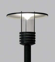 Eine schwarze Mastleuchte mit einem klaren Glasschirm und einem weißen Licht im Inneren.