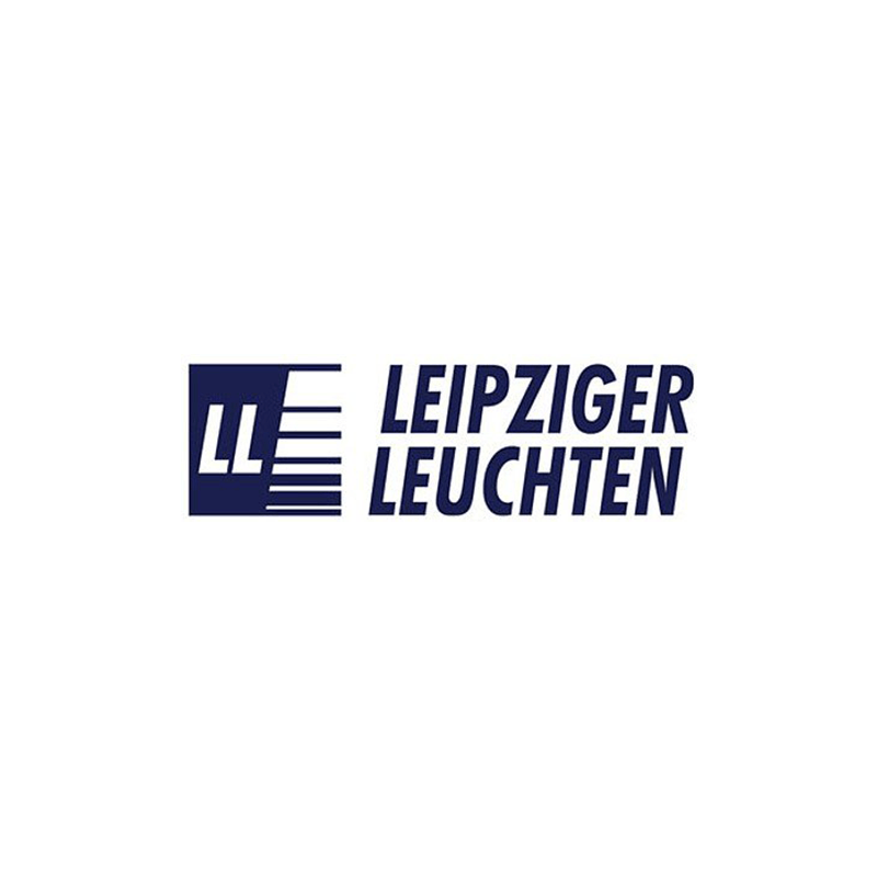 A blue logo for leipziger leuchten on a white background.