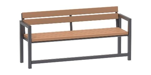 Eine Holzbank mit Metallrahmen auf weißem Hintergrund.