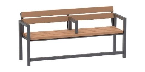 Eine Holzbank mit Metallrahmen und Armlehnen auf weißem Hintergrund.