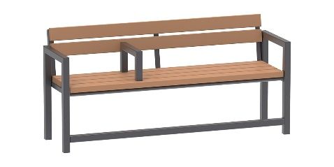 Eine Holzbank mit Metallrahmen auf weißem Hintergrund.