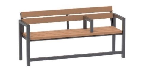 Eine Holzbank mit Metallrahmen und Armlehnen auf weißem Hintergrund.