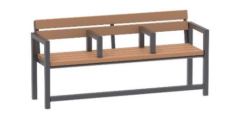 Eine Holzbank mit Metallrahmen auf weißem Hintergrund.