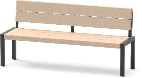 Eine Holzbank mit schwarzem Rahmen auf weißem Hintergrund.