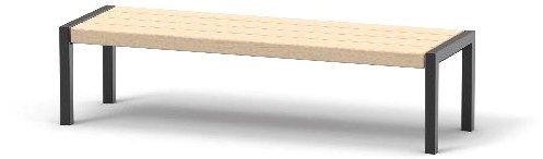 Eine Holzbank mit schwarzen Beinen auf weißem Hintergrund.