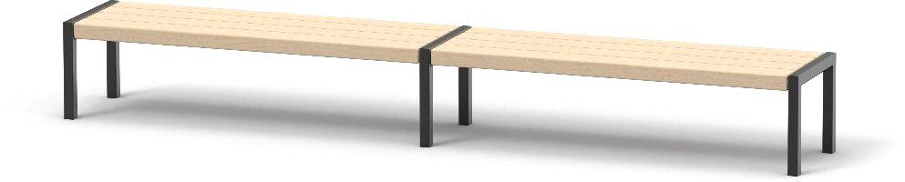 Zwei Holzbänke mit Metallbeinen auf weißem Hintergrund.