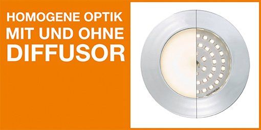 Ein Bild einer Leuchte mit der Aufschrift homogene Optik mit und ohne Diffusor