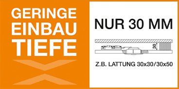 A sign that says ' geringe einbau tiefe nur 30 mm z.b. lattung 30x30/30x50 '