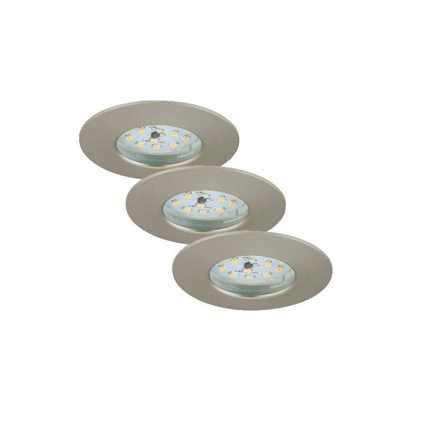 Drei Einbauleuchten sind in einer Reihe auf weißem Hintergrund angeordnet.