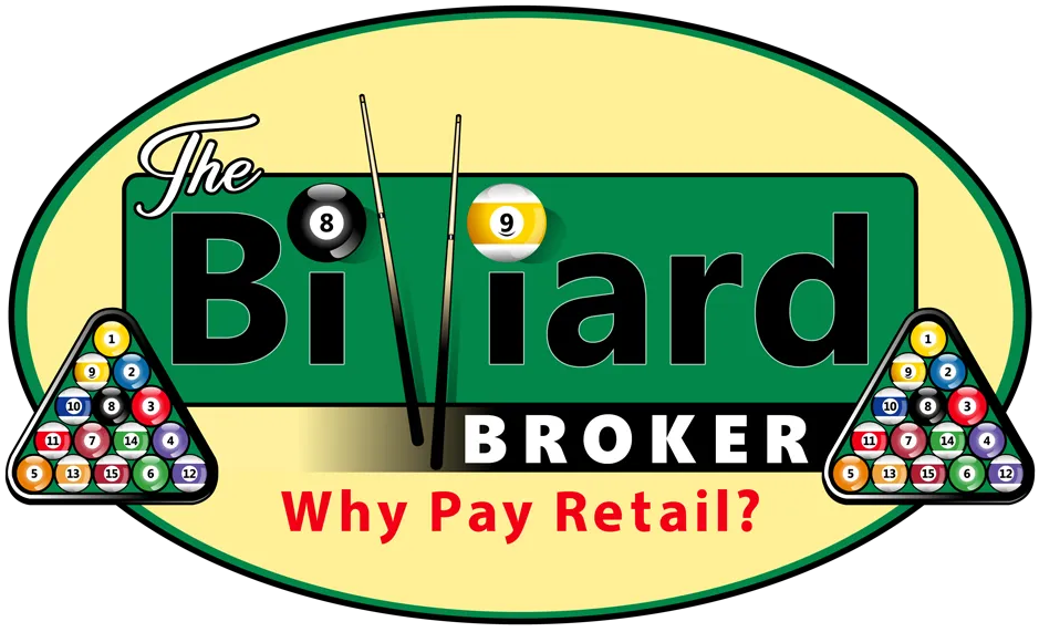 Logo: "The Billiard Broker" with pool balls, cues, and "Why Pay Retail?" text.