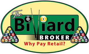 Logo: "The Billiard Broker" with pool balls, cues, and "Why Pay Retail?" text.