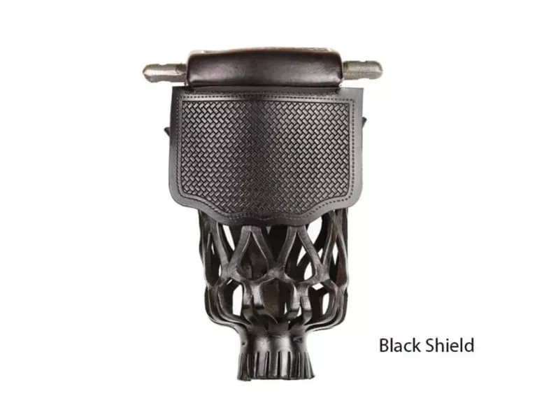 Black pool table pocket with black shield-shaped leather and a woven net-like design.
