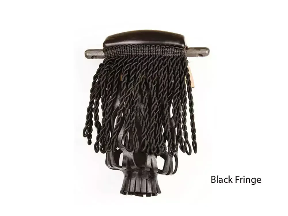 Black fringe attached to a black object, possibly a decorative piece or part of a costume.