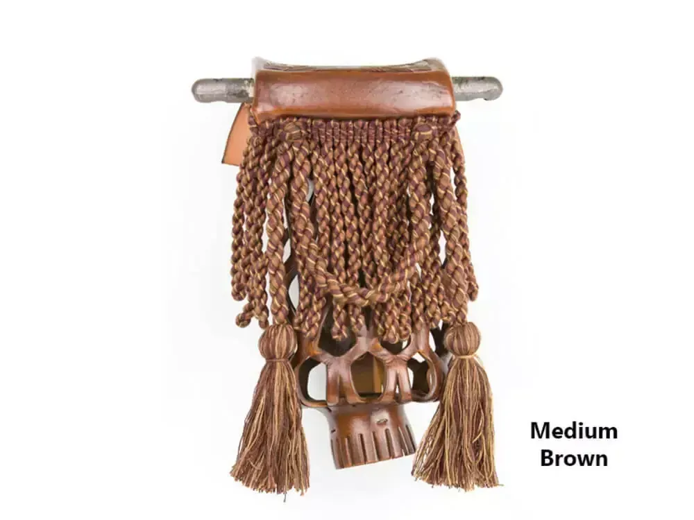Medium brown sporran with woven front and tassels, suspended from a brown leather strap on a metal bar.