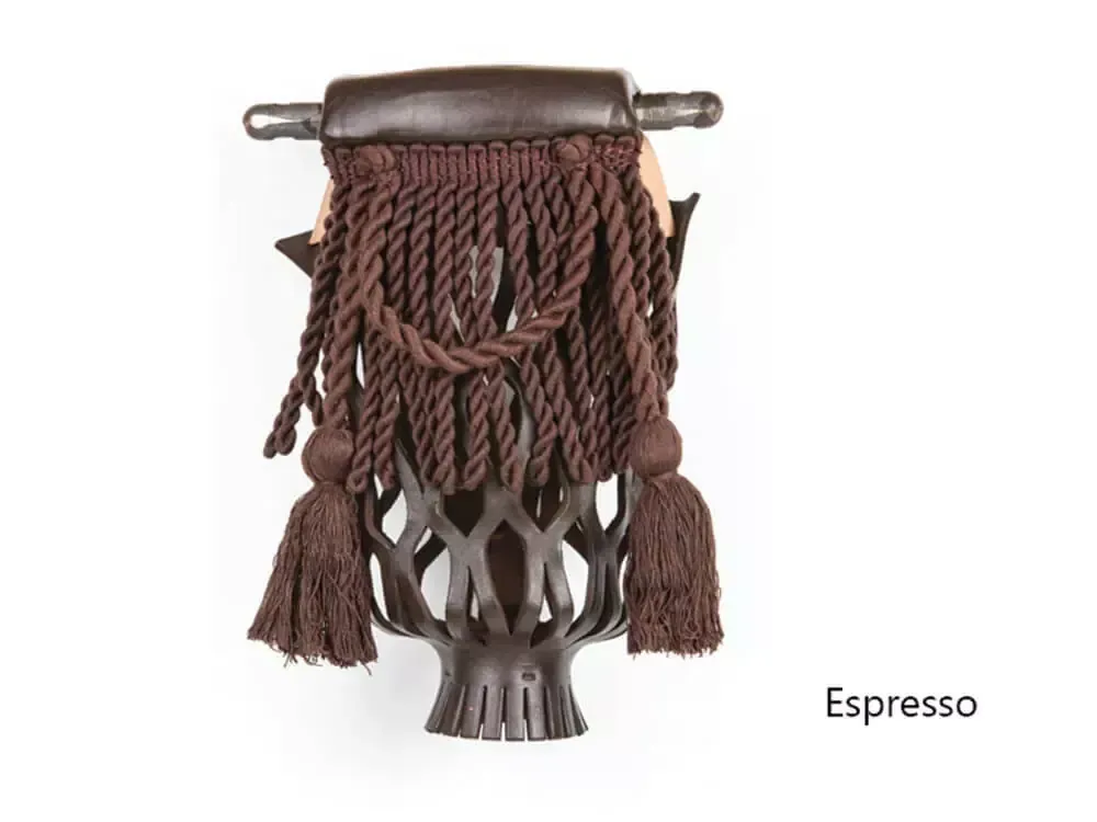 Espresso-colored pool table pocket with tassels and decorative rope detail.