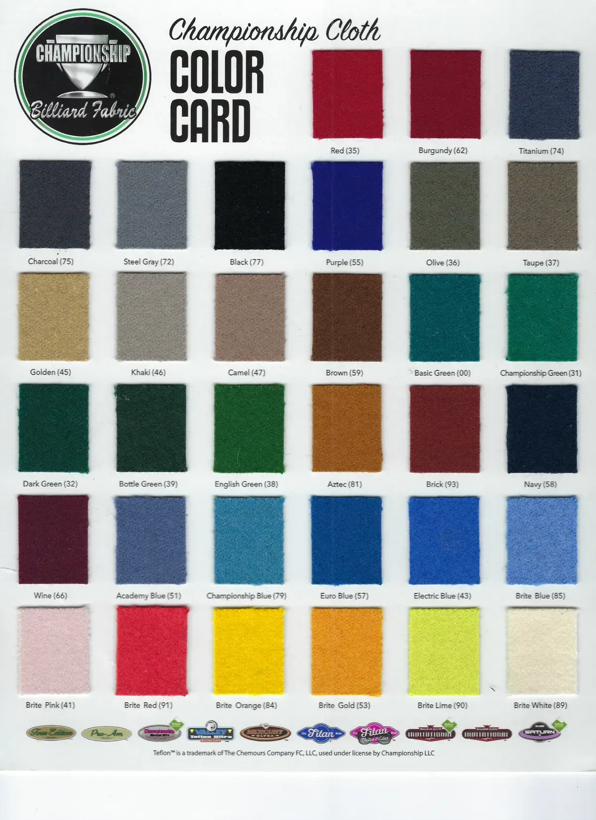 Color card showing swatches of Championship Cloth in various colors.