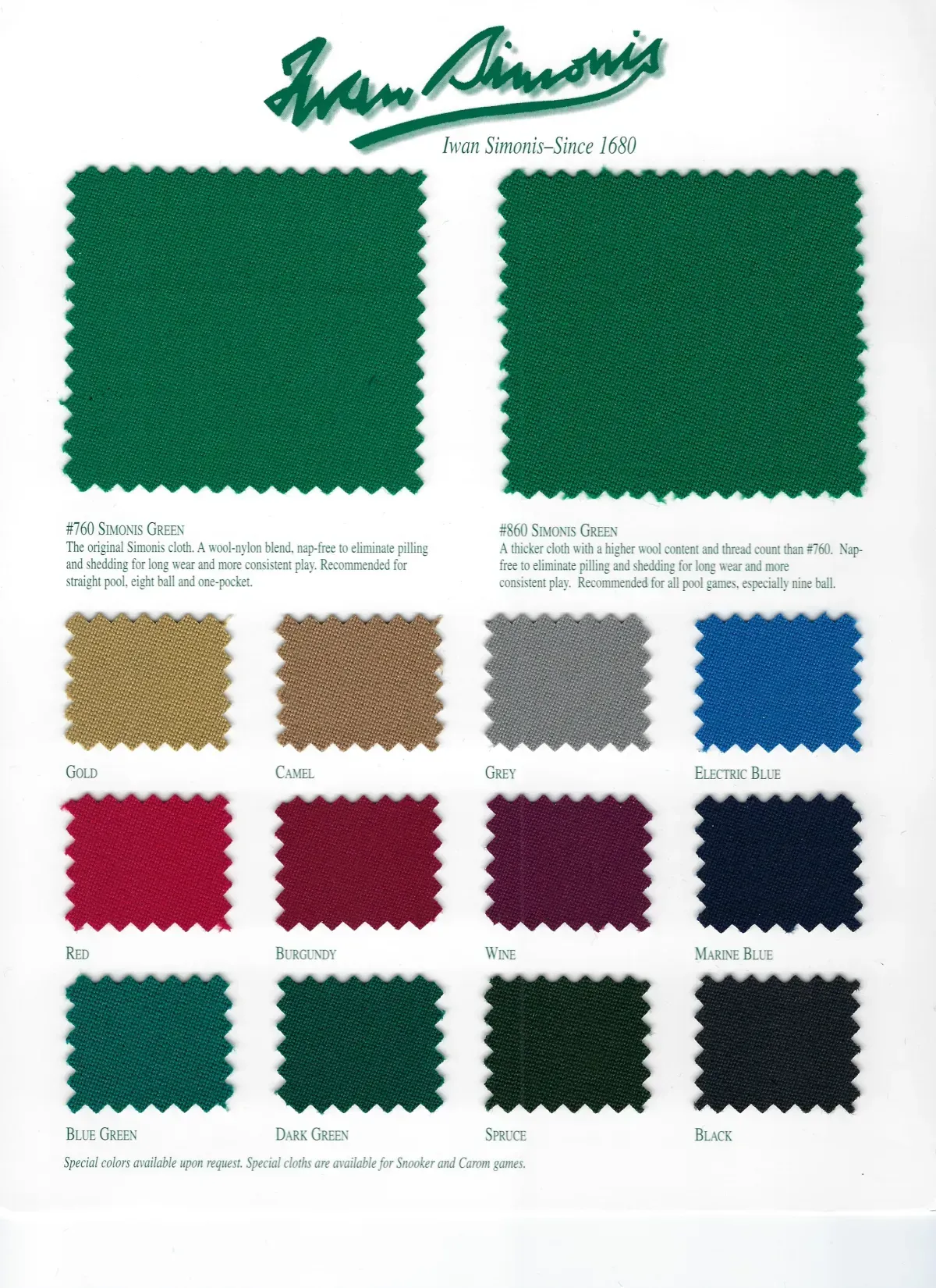 Pool table felt color swatches; various colors, including green, red, gold, and blue.