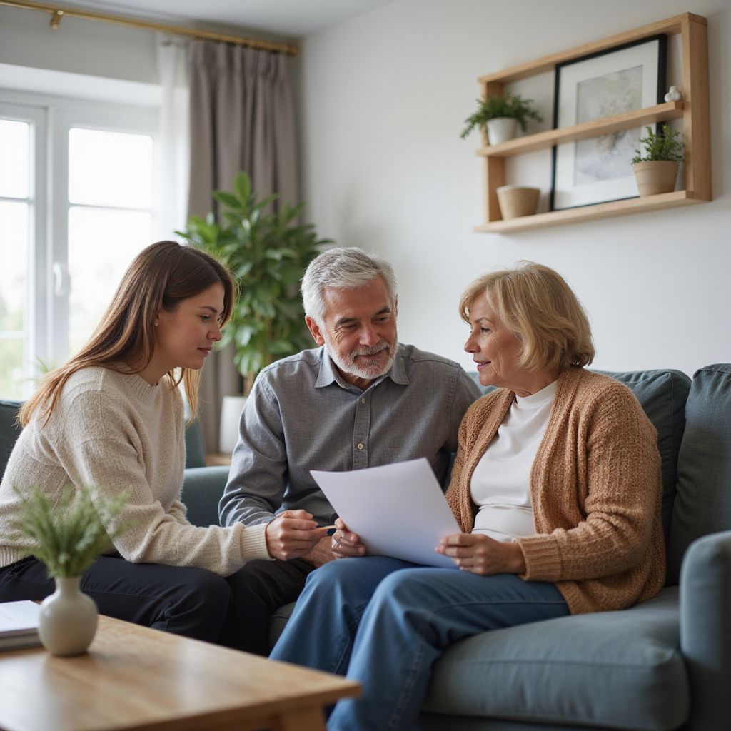 Woman showing paperwork to older couple on a couch in a living room.