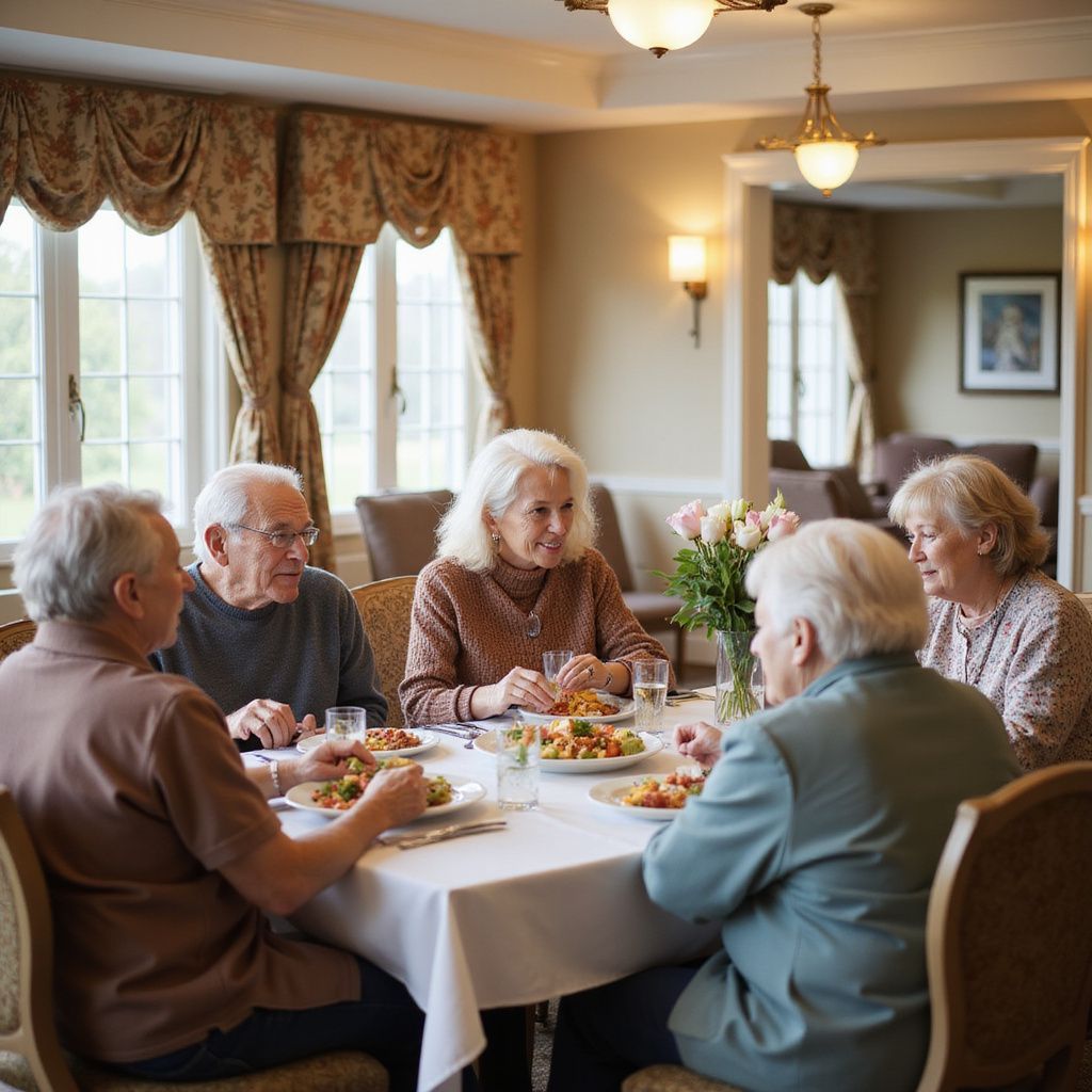 Five older adults eating at a table in a dining room; they are smiling and interacting, with flowers on the table.
