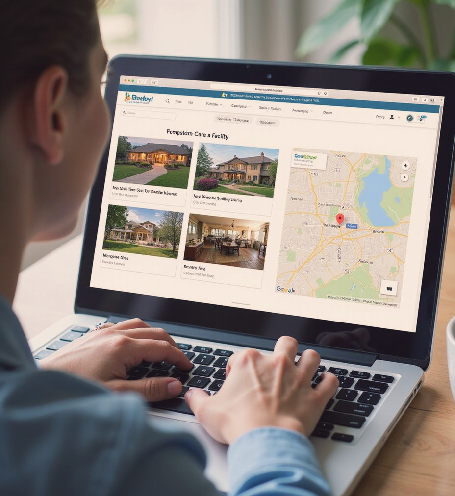 Person using a laptop to browse real estate listings, with a map and house photos displayed.