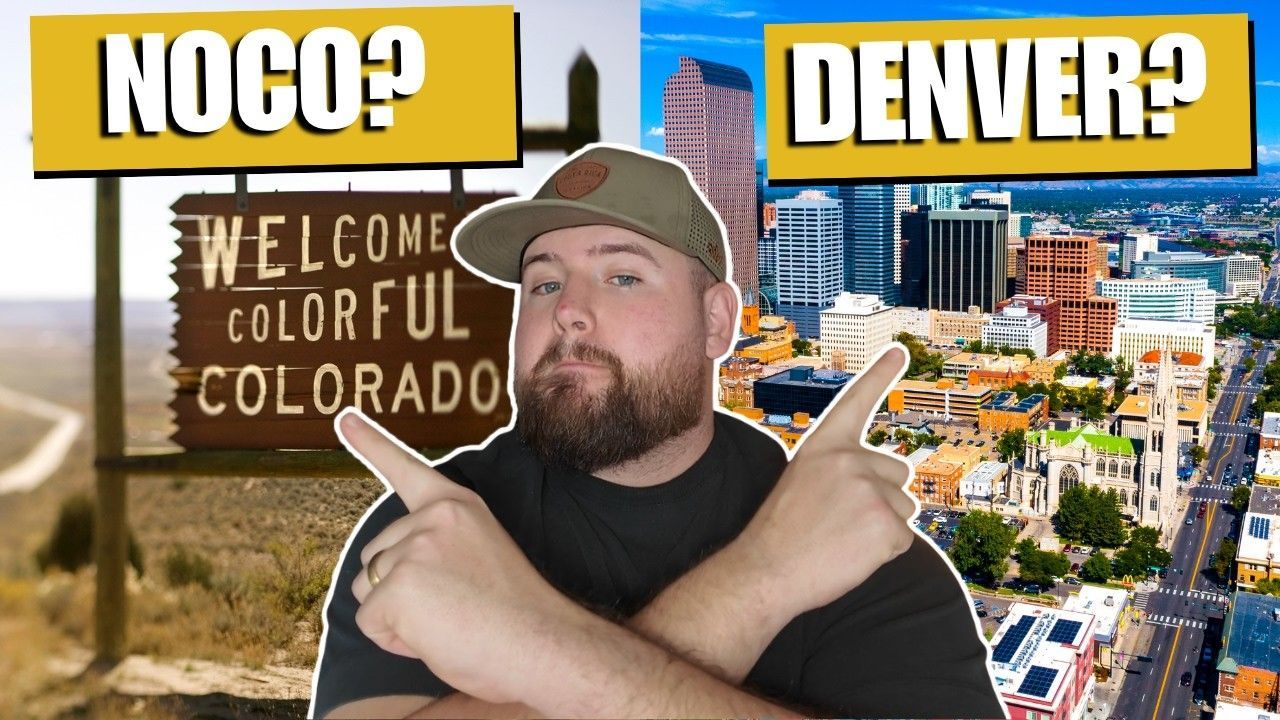 Man crossing arms with Denver skyline and Colorado welcome sign; text asks “Noco?” and “Denver?”
