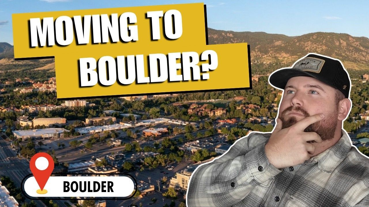 Man with thoughtful pose over Boulder cityscape, bold text reads “MOVING TO BOULDER?”