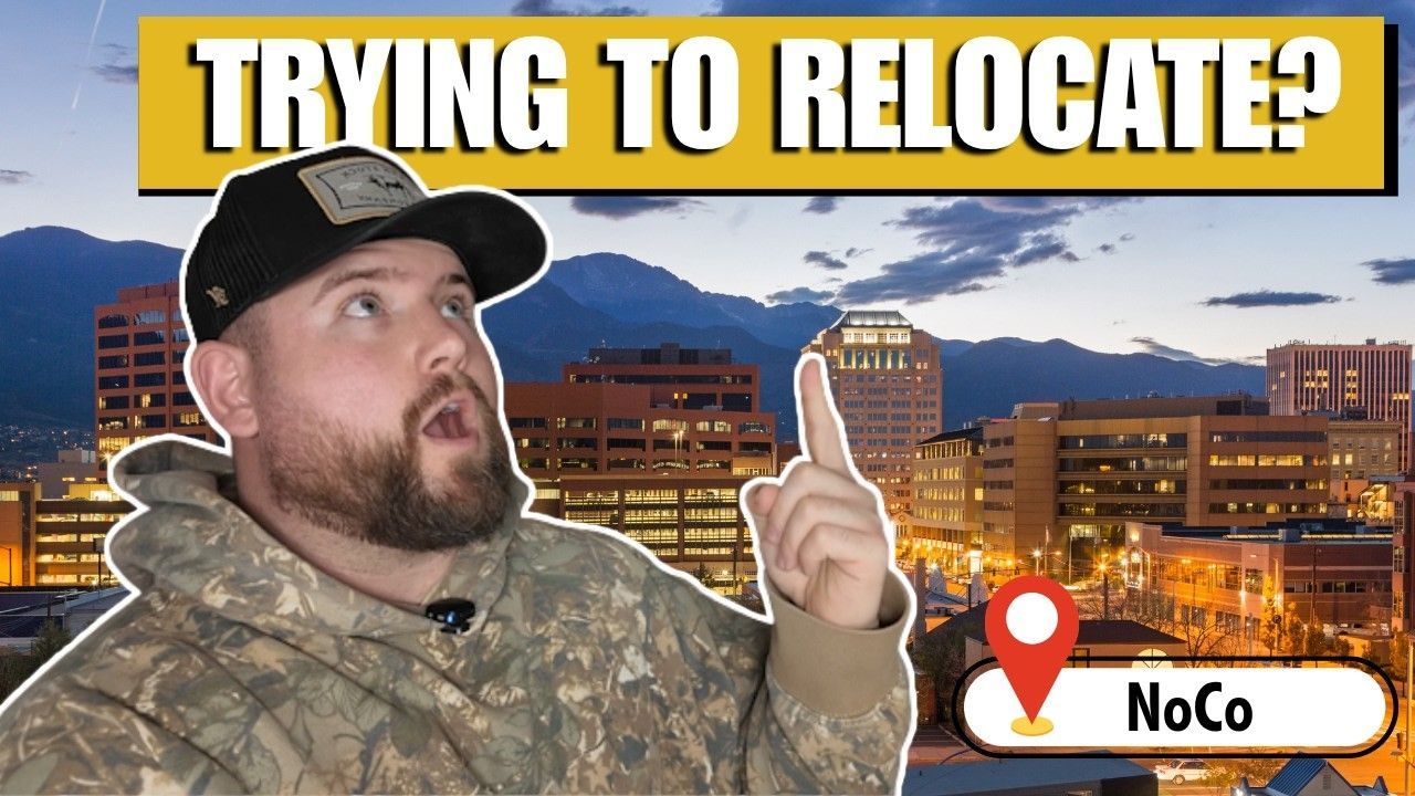 Man in camo jacket and cap points at city skyline with text “TRYING TO RELOCATE” and a NoCo location pin
