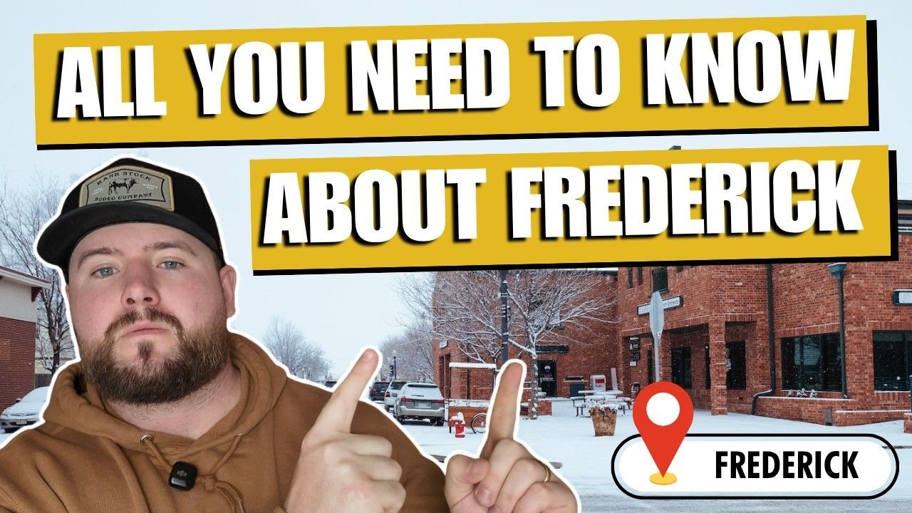 Man in tan hoodie and cap pointing at Frederick street scene with bold text: “All You Need to Know About Frederick.”