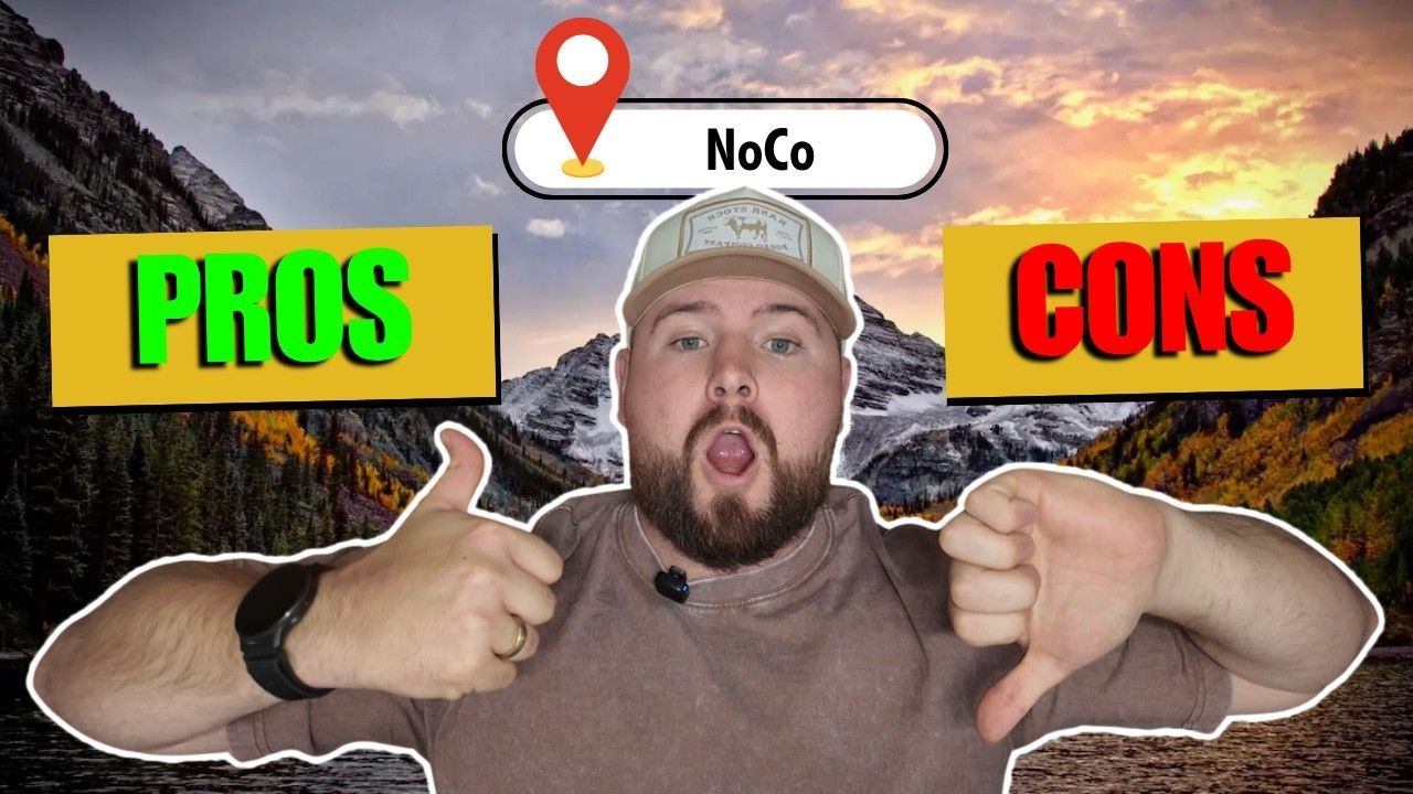 Man holding thumbs up and down between “PROS” and “CONS” labels, with “NoCo” above at sunset background
