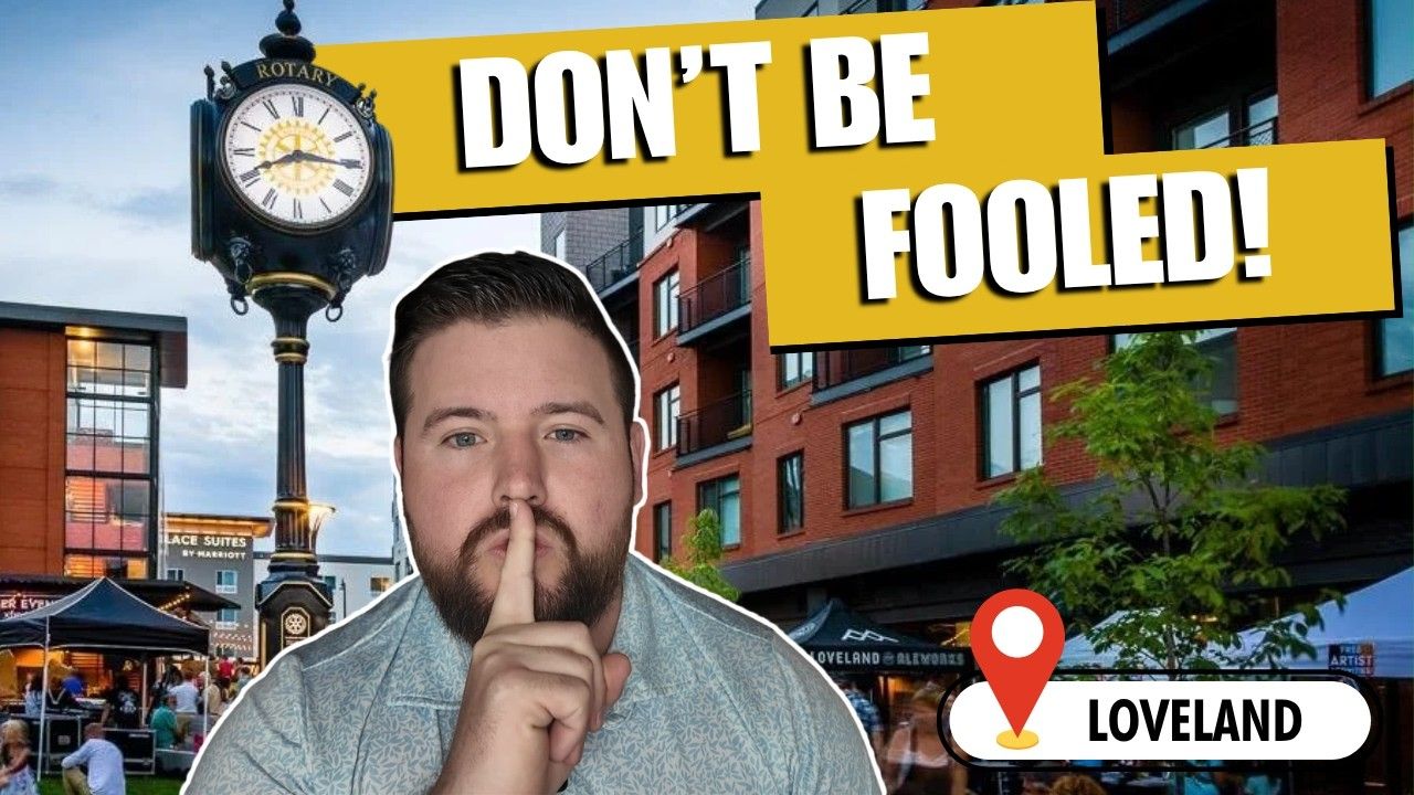 Man shushing in front of a clock and downtown scene with “DON’T BE FOOLED!” and Loveland label