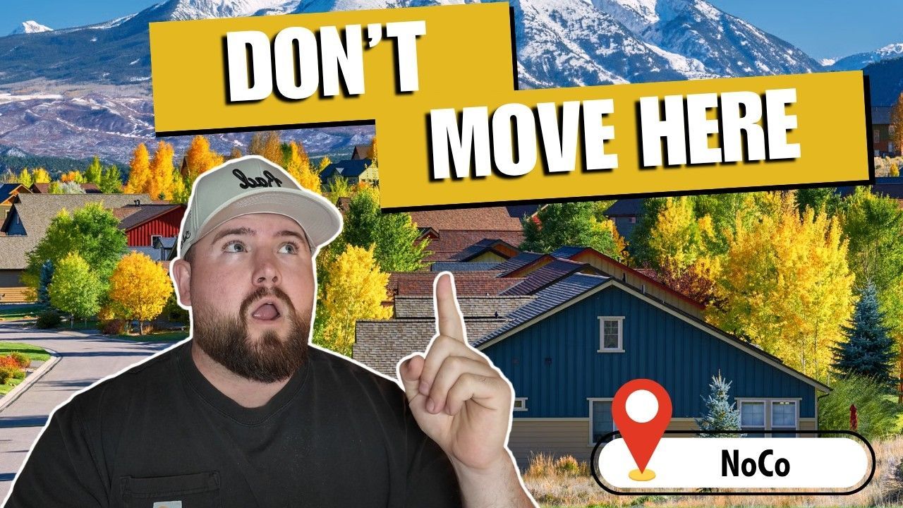 Man pointing upward with “DON’T MOVE HERE” text over a suburban neighborhood and NoCo logo