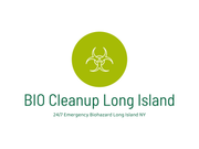 A logo for bio cleanup long island with a biohazard symbol in a green circle.