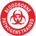A bloodborne pathogen trained logo with a biohazard symbol in a red circle.