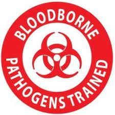 A bloodborne pathogen trained logo in a red circle on a white background.