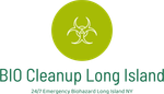 The logo for bio cleanup long island is a green circle with a biohazard symbol on it.