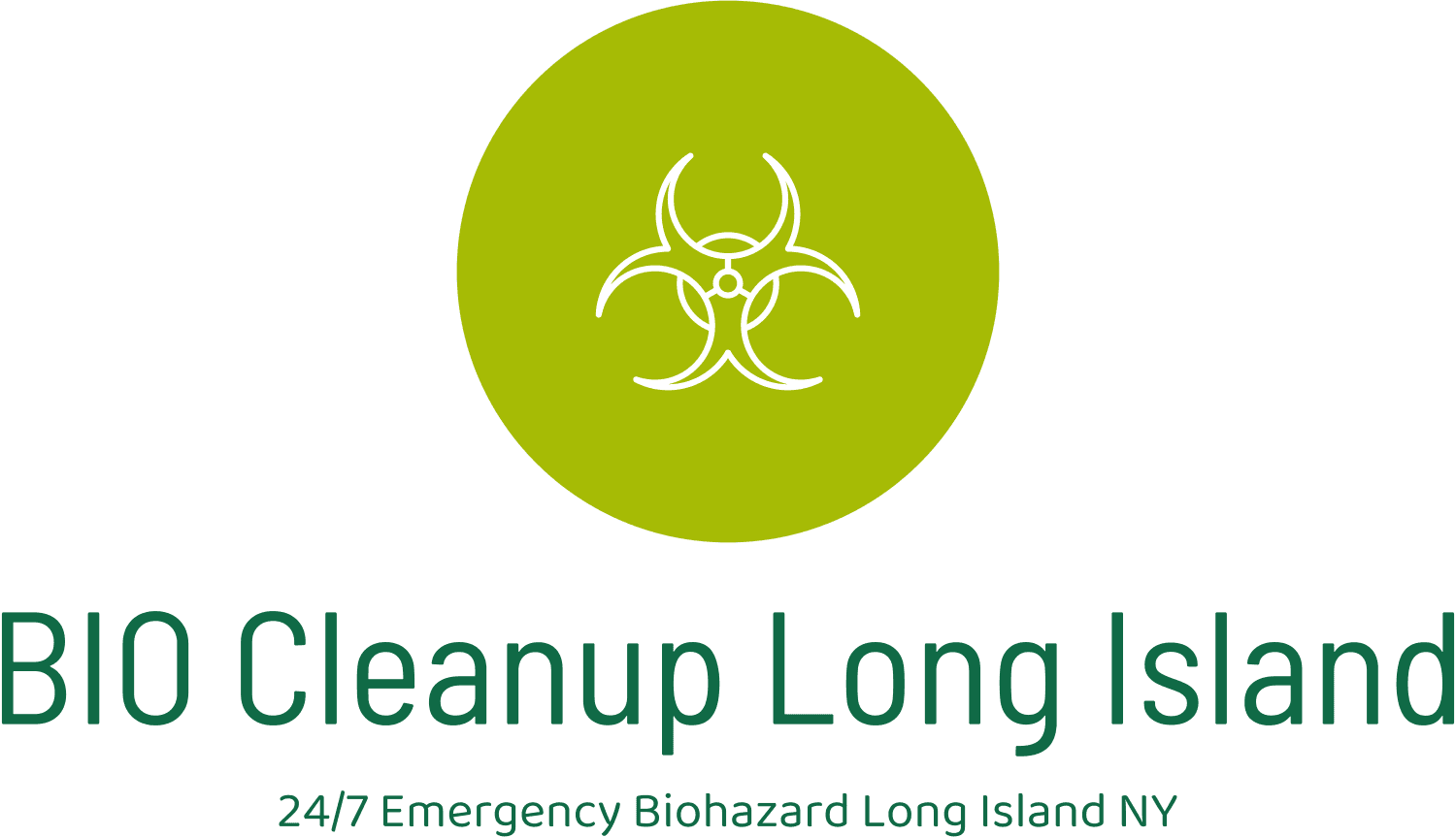 The logo for bio cleanup long island is a green circle with a biohazard symbol on it.